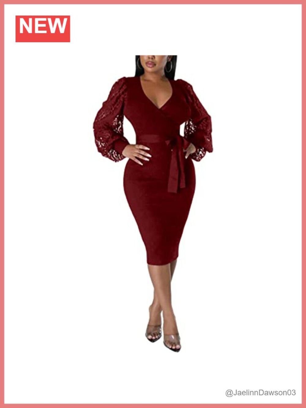 Bishop Sleeve V-Neck Bodycon Midi Dress Detachable Belt Semi Formal
